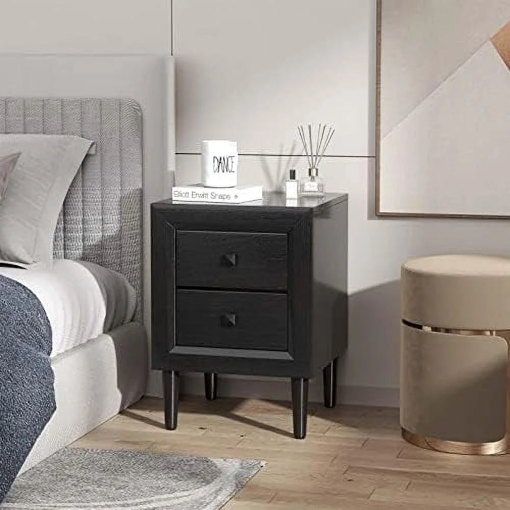 White Nightstand Set of 2 2-Drawer Bedside Tables with Solid Wood Legs K4110