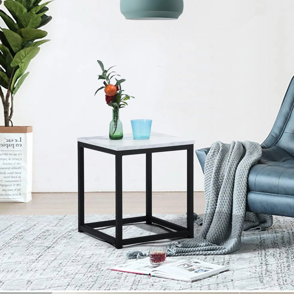 White Square Side Table with Marble Metal Frame E333243