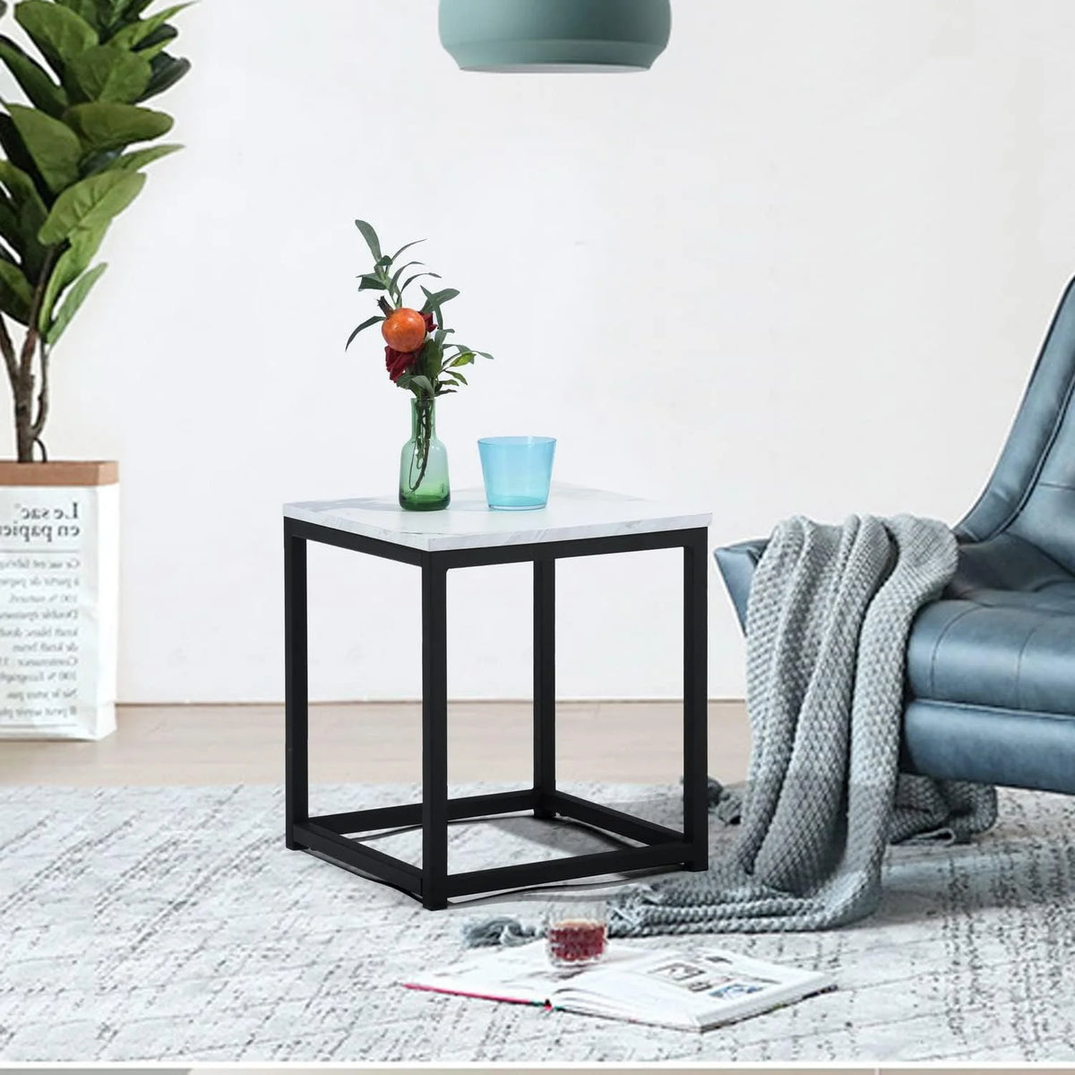 White Square Side Table with Marble Metal Frame E333243
