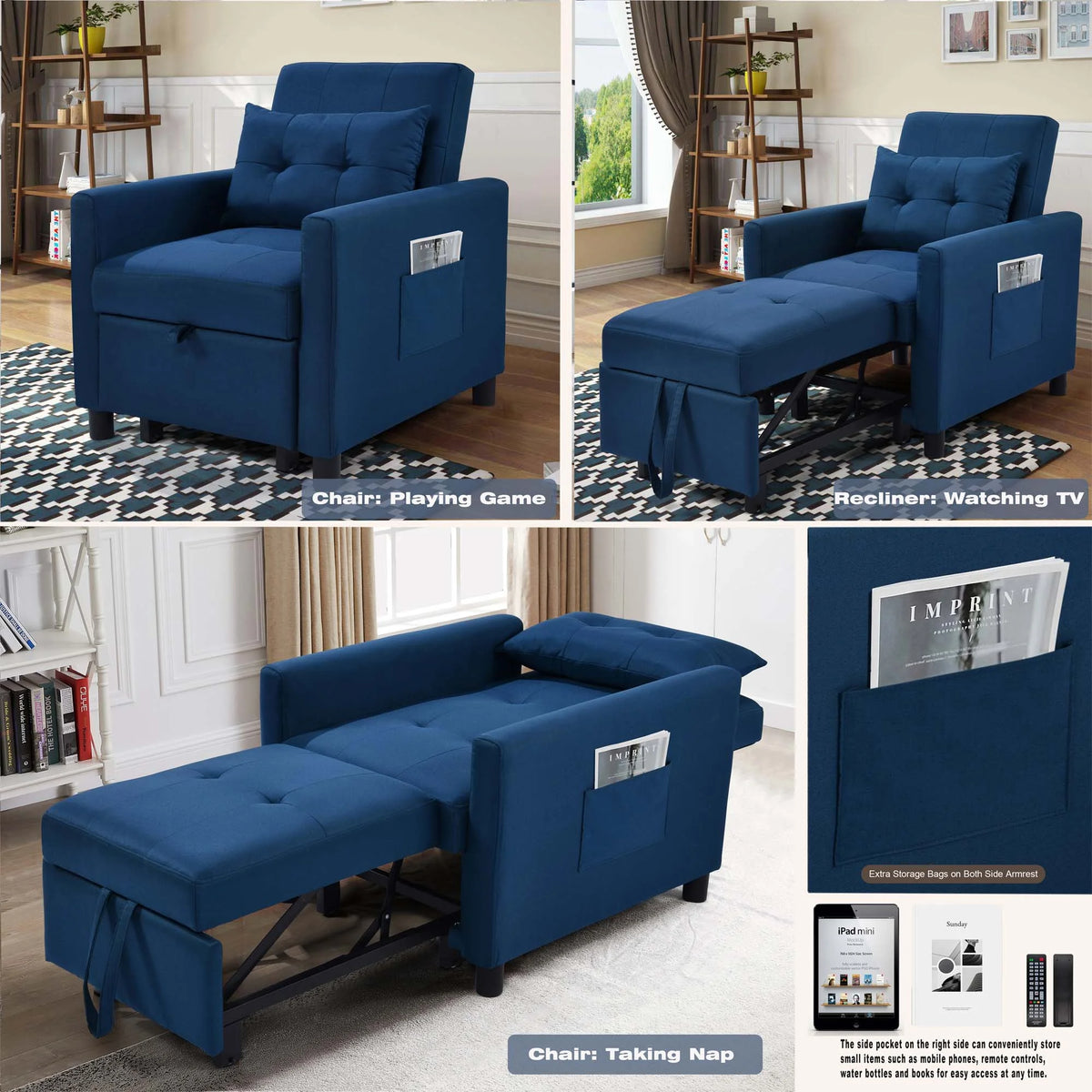 Blue Convertible Single Sofa Bed with Pull Out Sleeper P1246