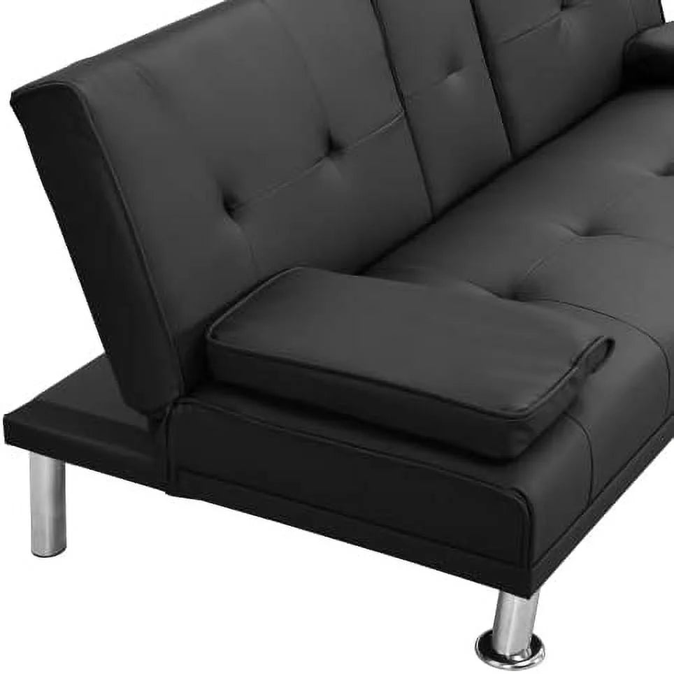 Convertible Folding Futon Sofa Bed with Metal Legs & 2 Cupholders G127958