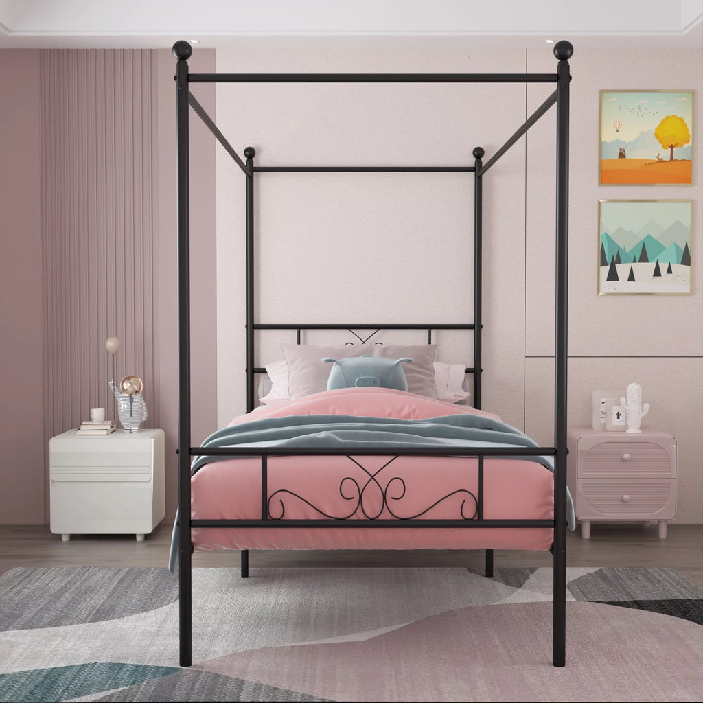 Twin Size 4-Post Canopy Bed Frame Metal Platform with Headboard Footboard Black M66327