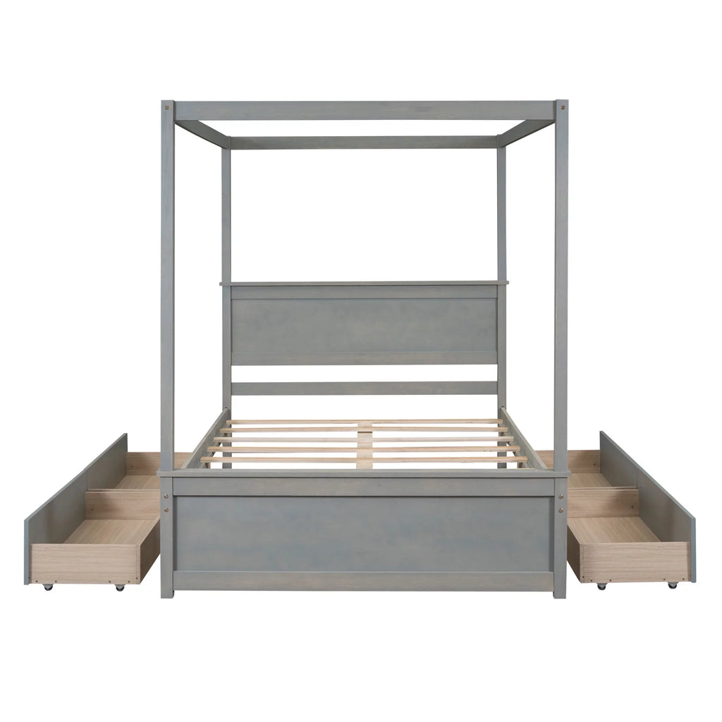 Full Size White Wood Canopy Platform Bed with Trundle Y9066