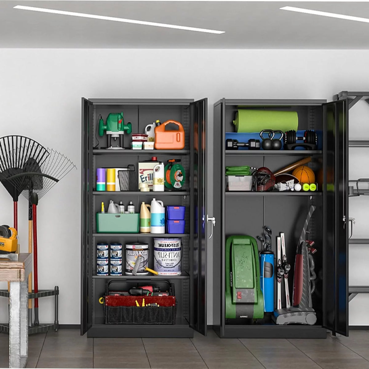 71 In Black Metal Storage Cabinet with Locking Doors and Adjustable Shelves U47255