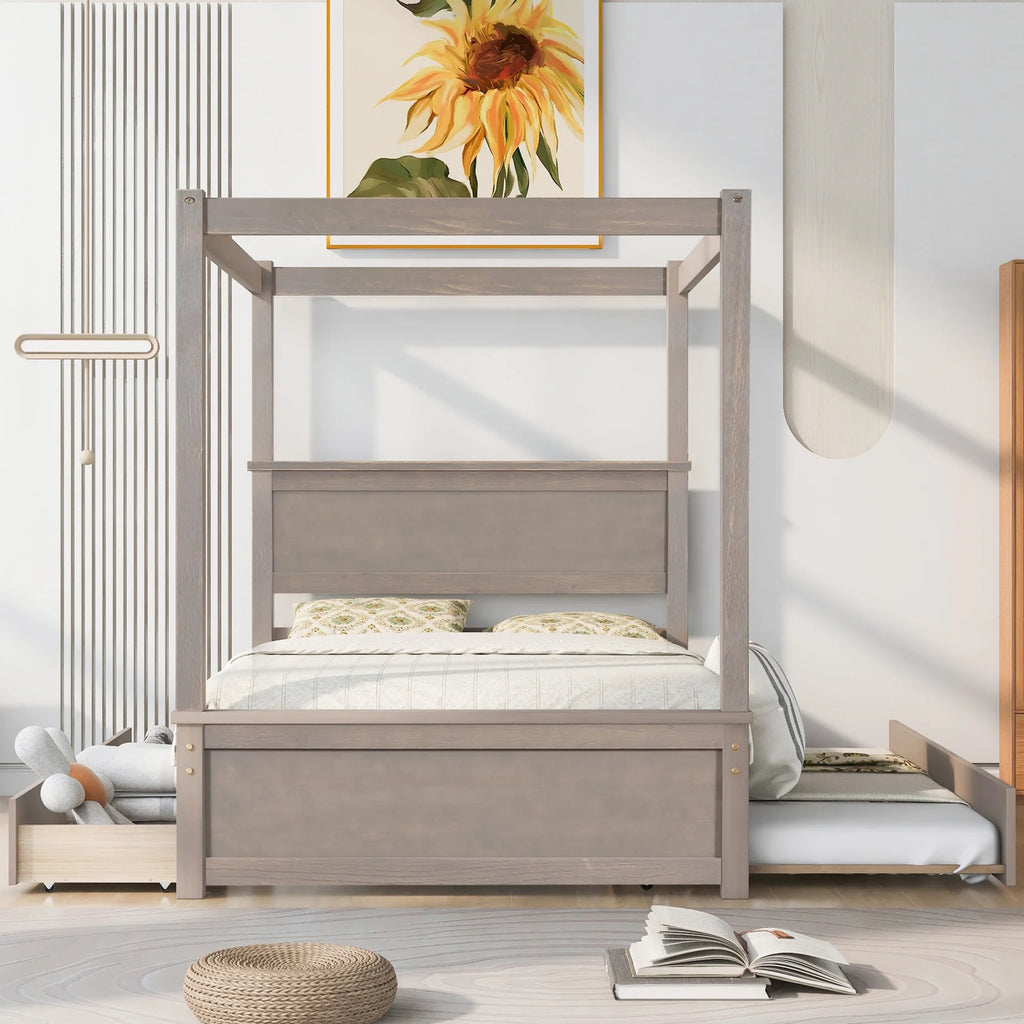 Full Size White Wood Canopy Platform Bed with Trundle Y9066