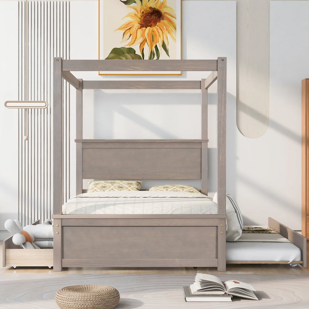 Full Size White Wood Canopy Platform Bed with Trundle Y9066