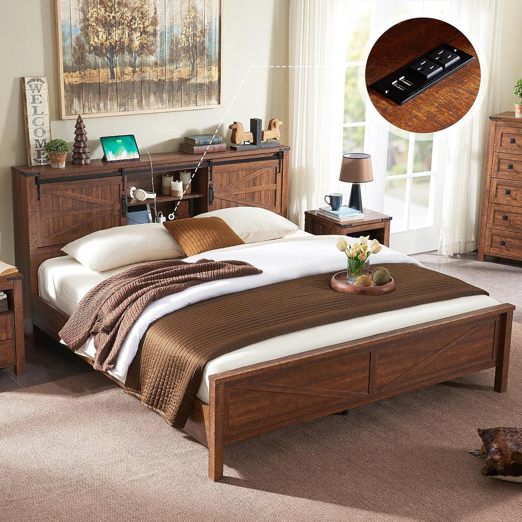 King Platform Bed Frame with Storage Headboard and Charging Station D5446