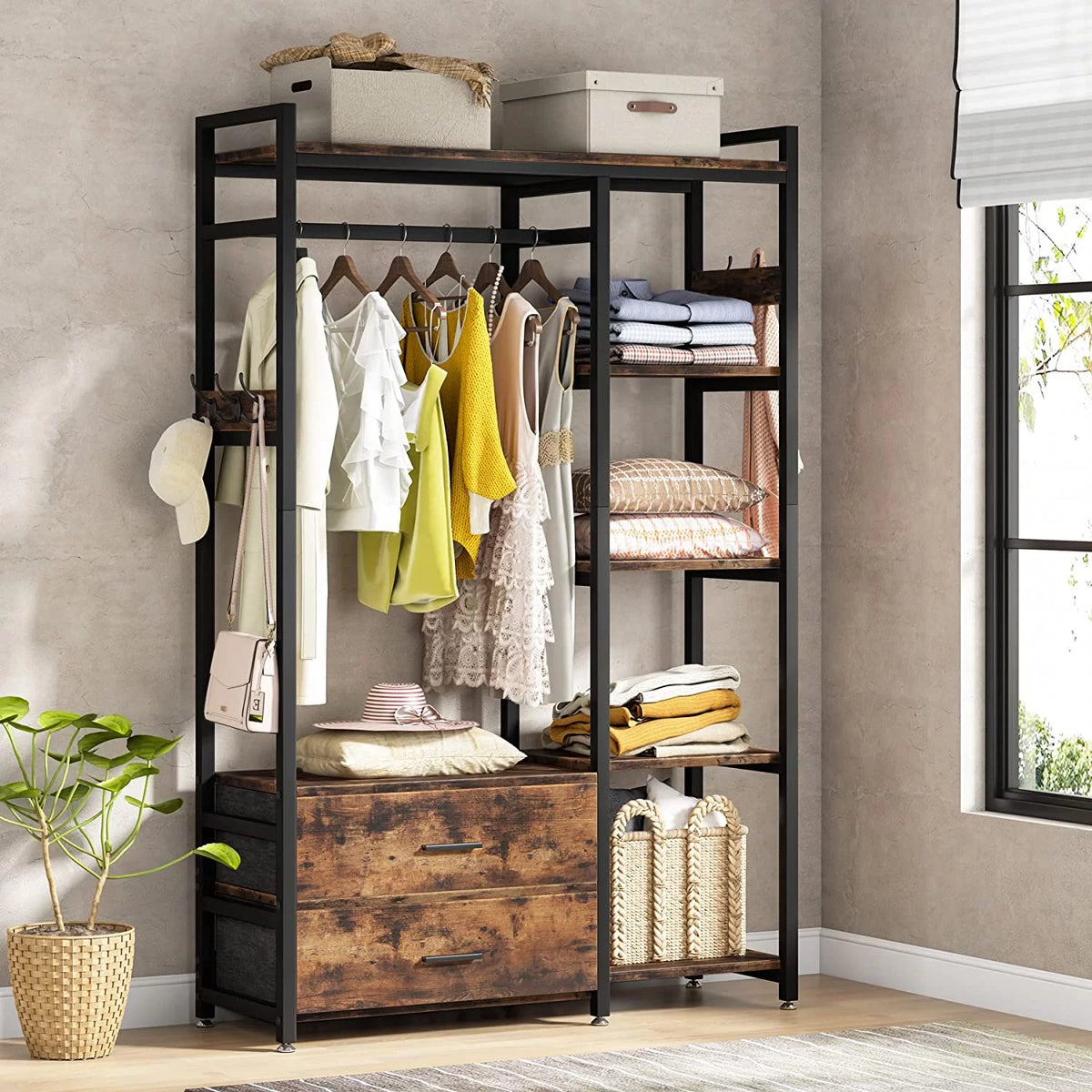 Freestanding Closet Organizer with Drawers and Shelves F8054