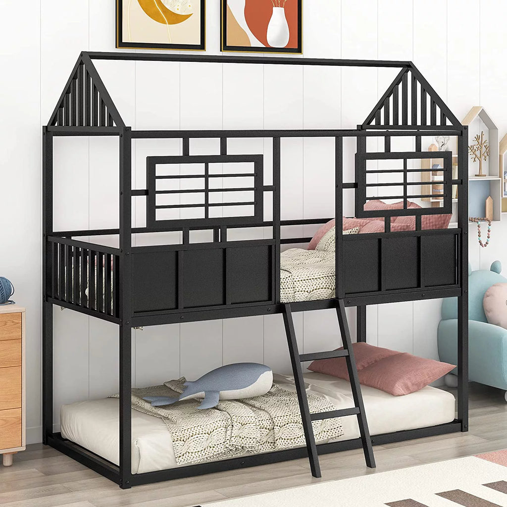 Black Metal Bunk Bed with Slide and Storage Stairs K580