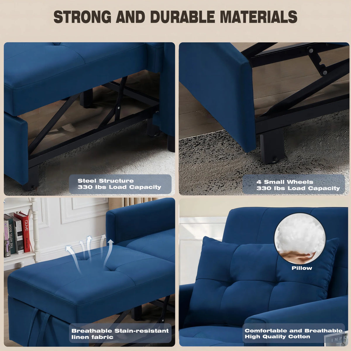 Blue Convertible Single Sofa Bed with Pull Out Sleeper P1246