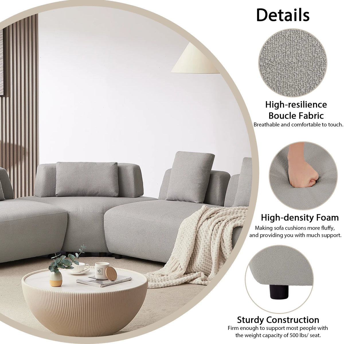 92.51" 3-Piece Grey Sectional Sofa with Removable Pillows H170