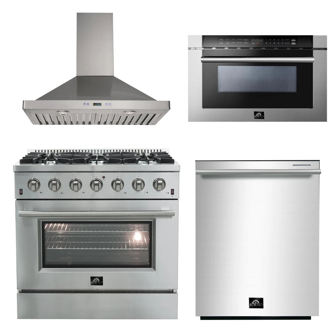 36 Inch Gas Range, Wall Mount Range Hood, Microwave Drawer, Dishwasher B381282
