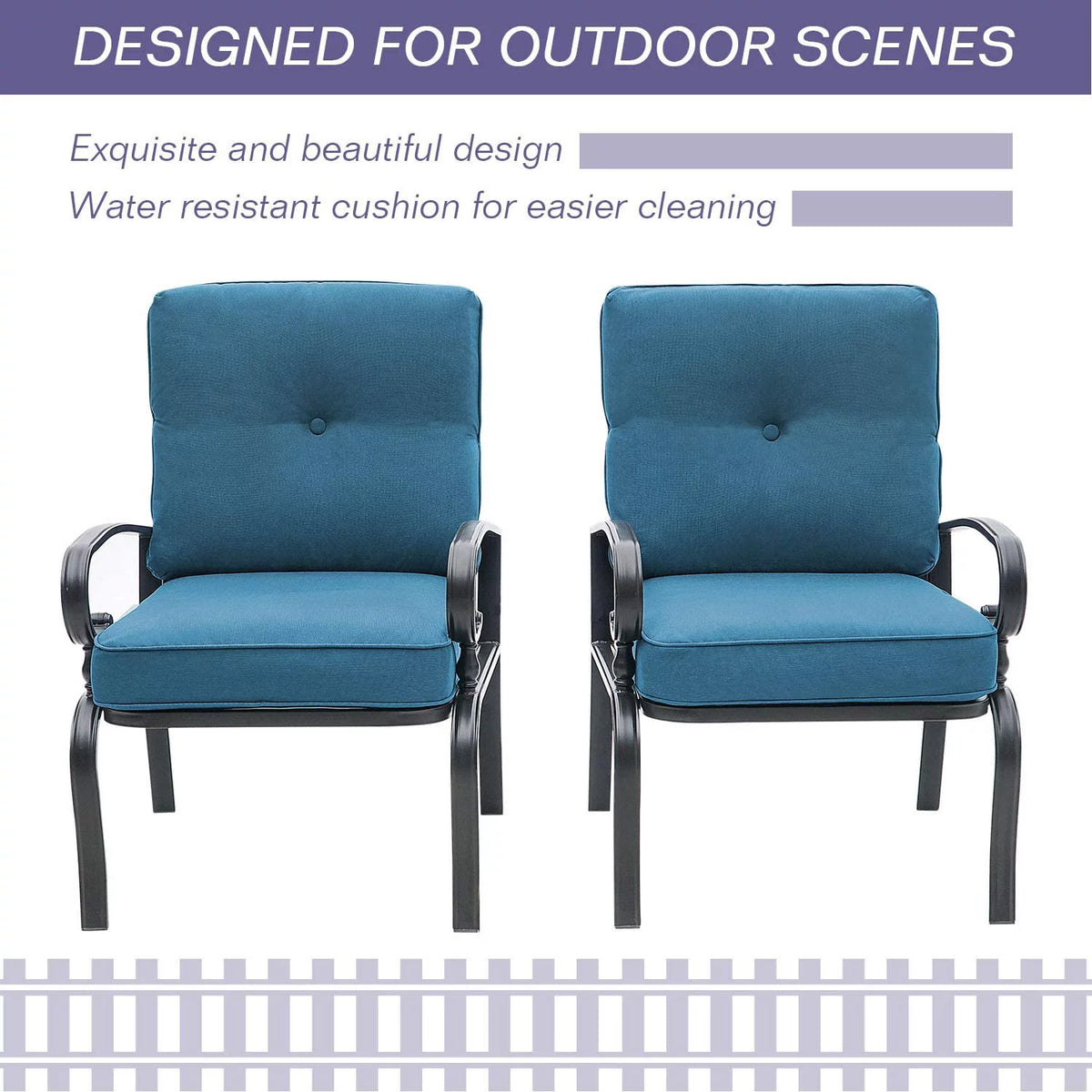 Patio Chairs Outdoor Wrought Iron Dining Chairs with Peacock Blue Cushions, Set of 2 H9997