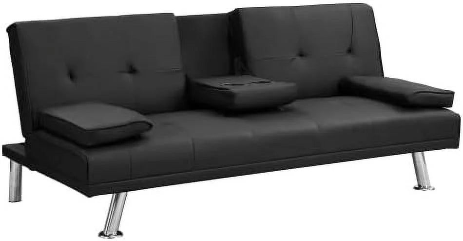 Convertible Folding Futon Sofa Bed with Metal Legs & 2 Cupholders G127958