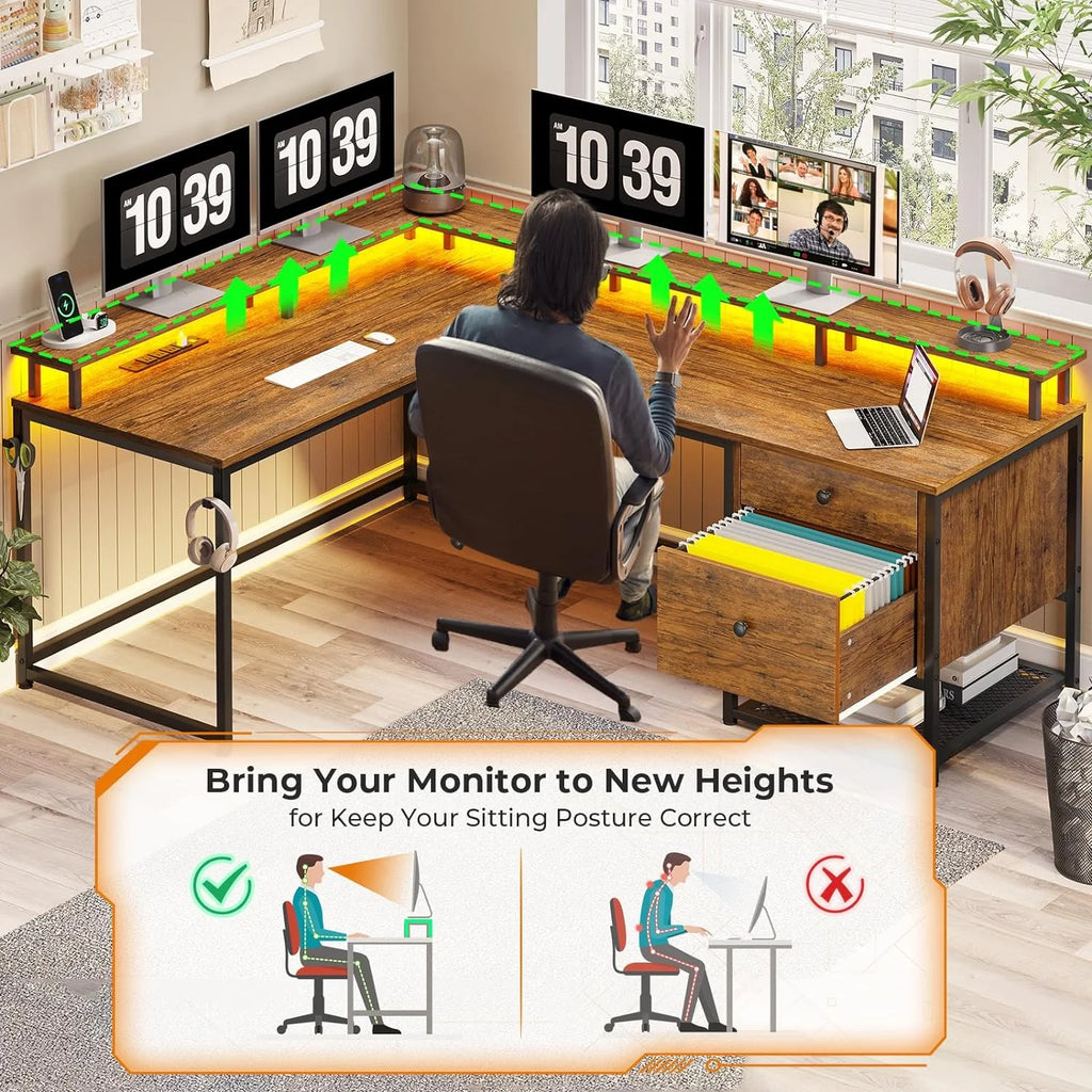 62" L Shaped Office Desk with File Drawers and Power Outlets V24952