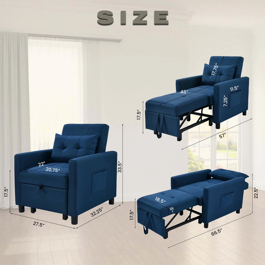 Blue Convertible Single Sofa Bed with Pull Out Sleeper P1246