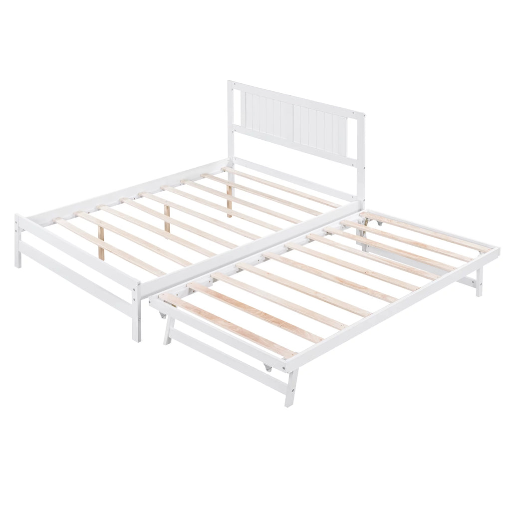 White Full Size Wood Platform Bed with Adjustable Trundle and Headboard Y88455