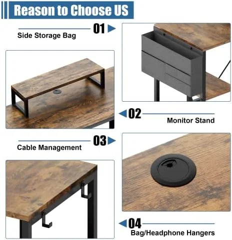 L Shaped Desk with Shelves Monitor Stand Bag Hooks Black B682489