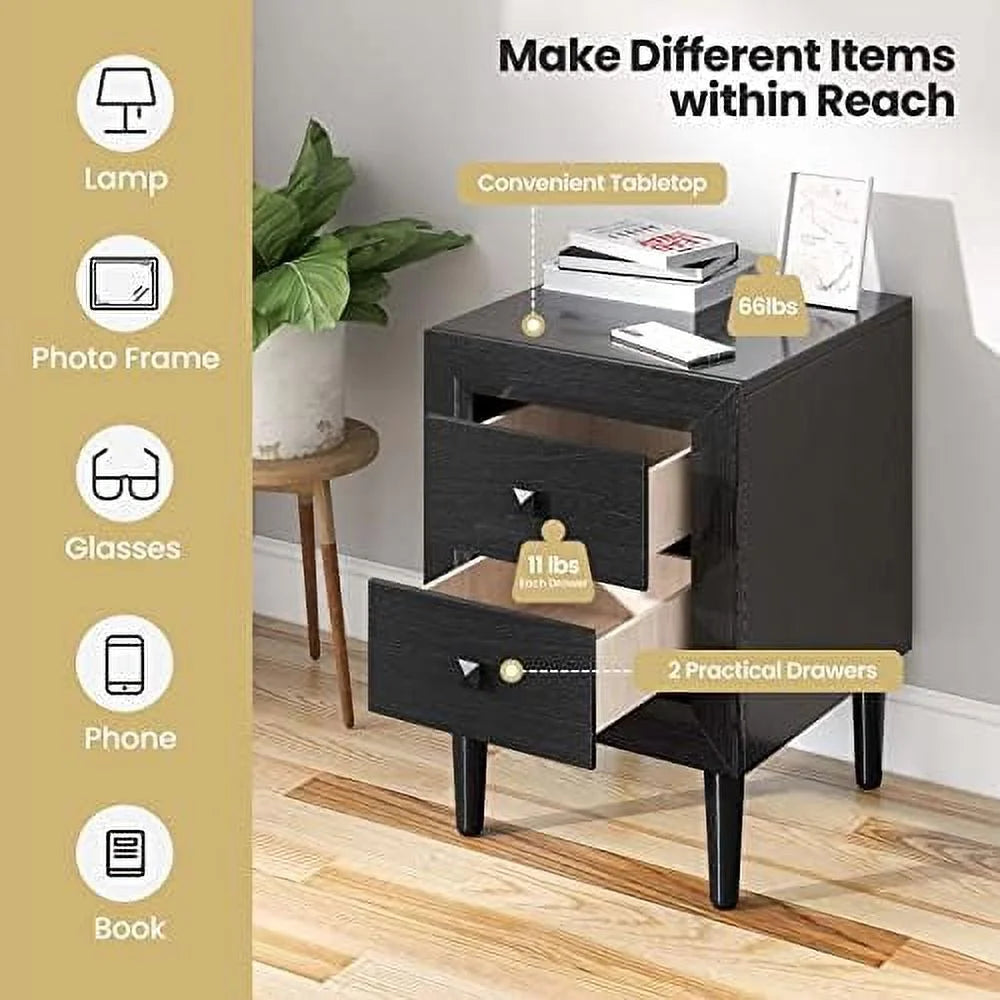 White Nightstand Set of 2 2-Drawer Bedside Tables with Solid Wood Legs K4110
