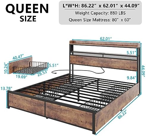 Queen Metal Platform Bed Frame with 4 Drawers and 2-Tier Headboard O540860