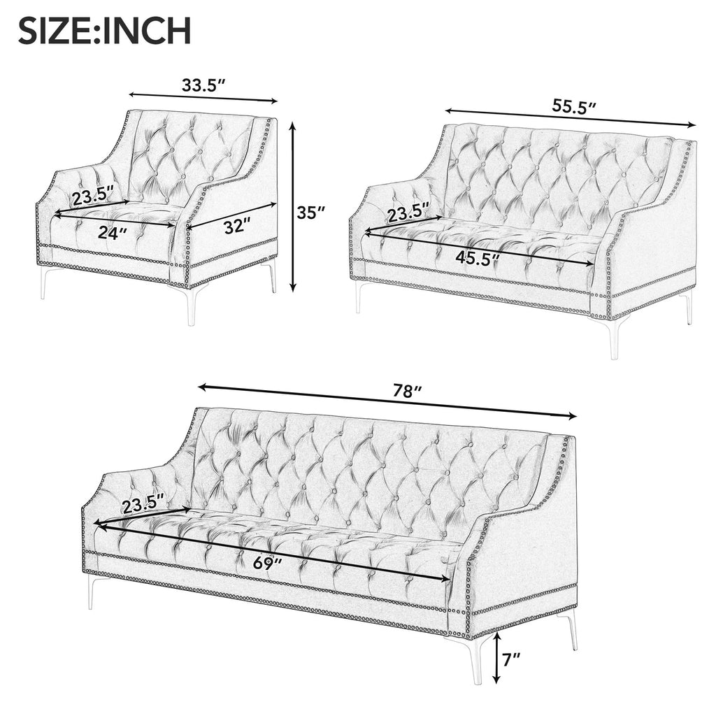 Blue Tufted Plush Upholstered Sofa with Metal Legs P637750
