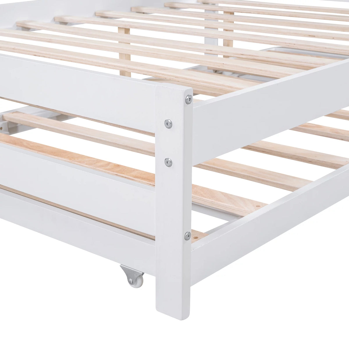 White Full Size Wood Platform Bed with Adjustable Trundle and Headboard Y88455