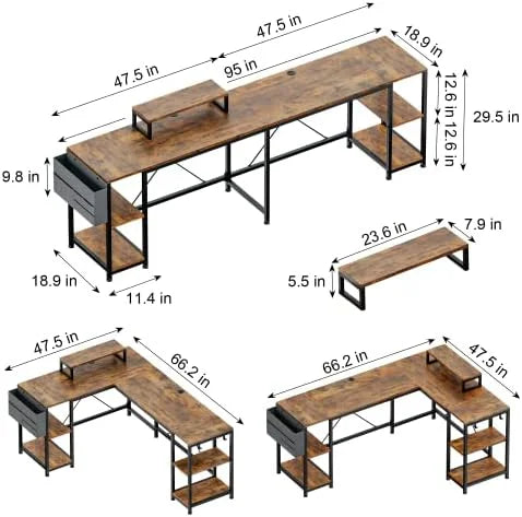 L Shaped Desk with Shelves Monitor Stand Bag Hooks Black B682489