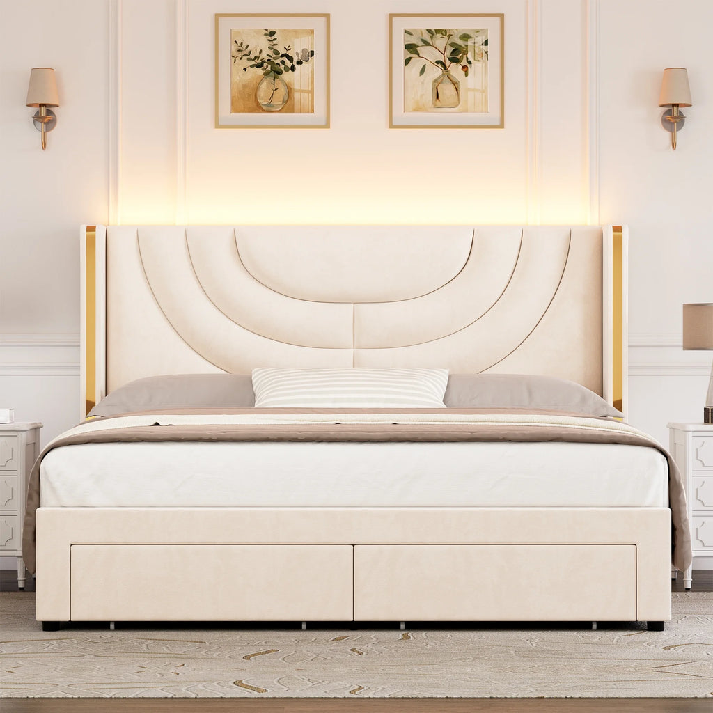 Full Size Velvet Upholstered Platform Bed Frame with 2 Drawers T4180