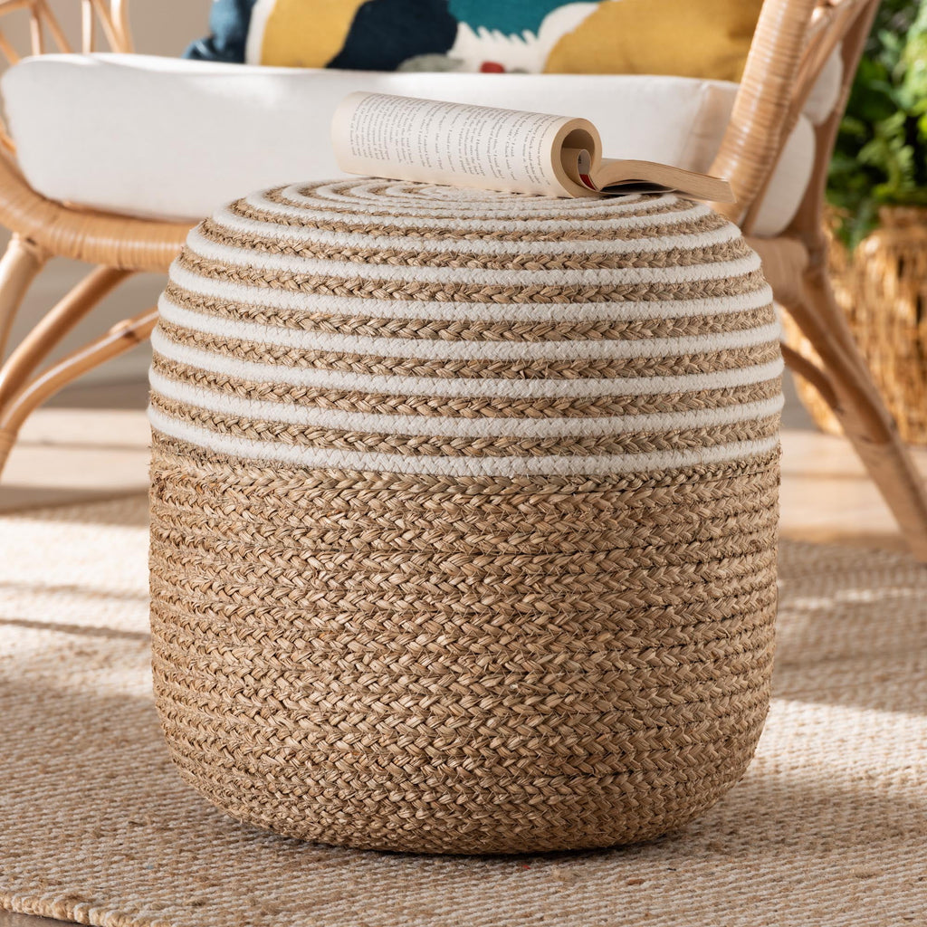 Natural Brown Seagrass and Woven Rope Ottoman Footstool Q657