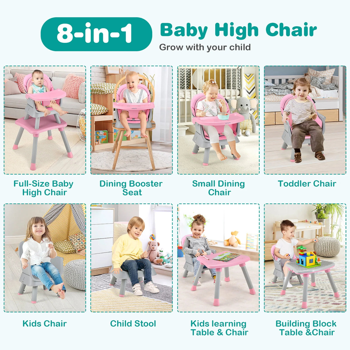 8-in-1 Convertible High Chair Booster Seat with Removable Tray Yellow Y853