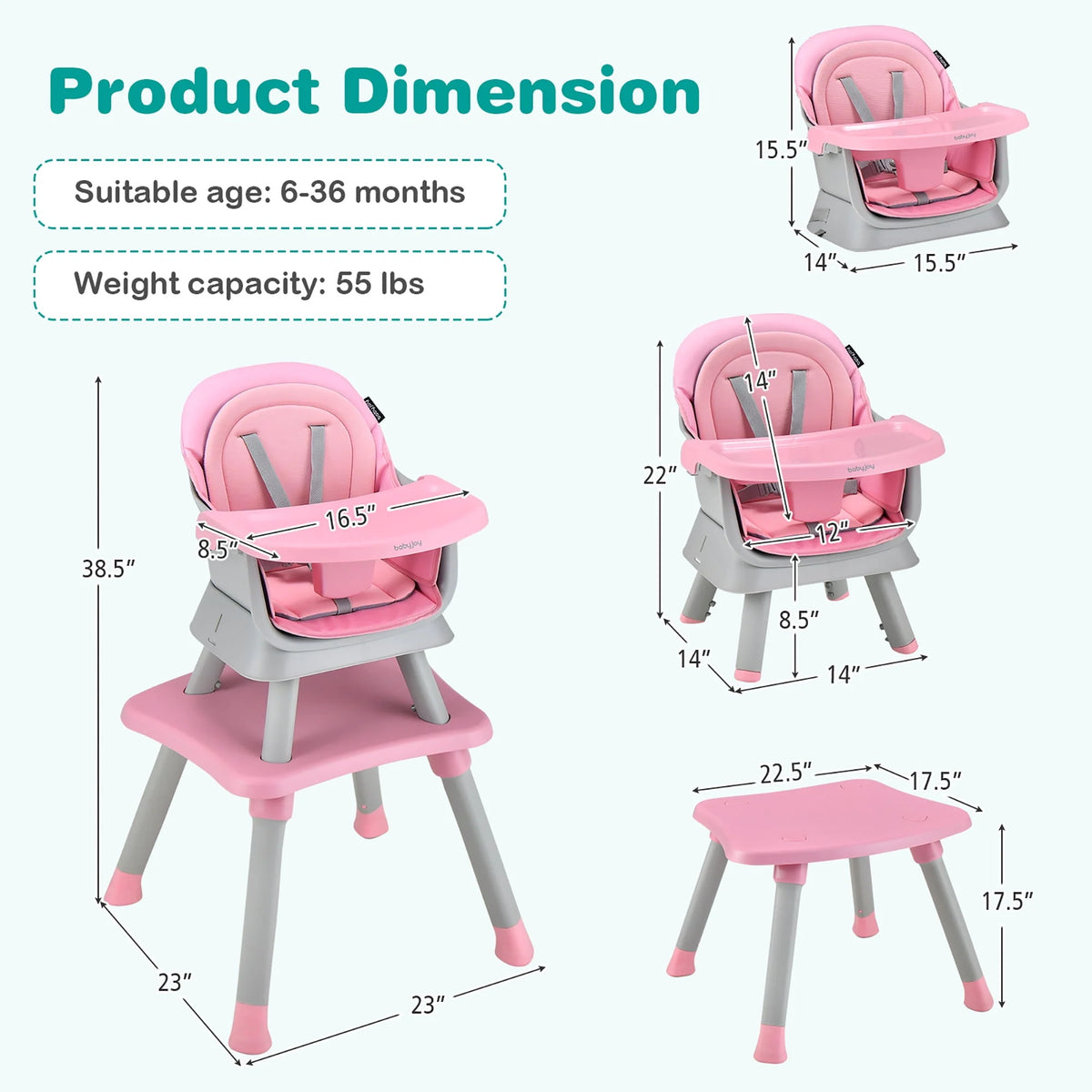 8-in-1 Convertible High Chair Booster Seat with Removable Tray Yellow Y853