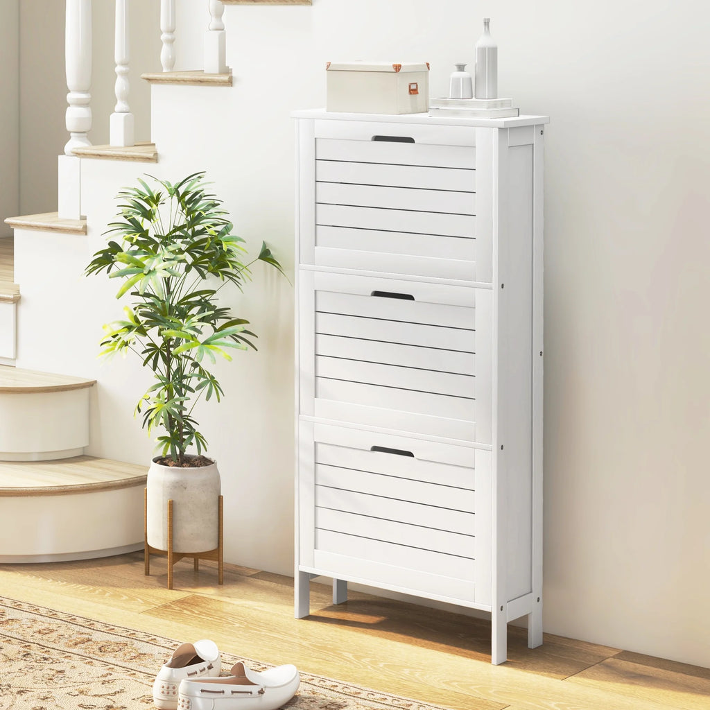Narrow White Shoe Storage Cabinet with 3 Flip Drawers P223