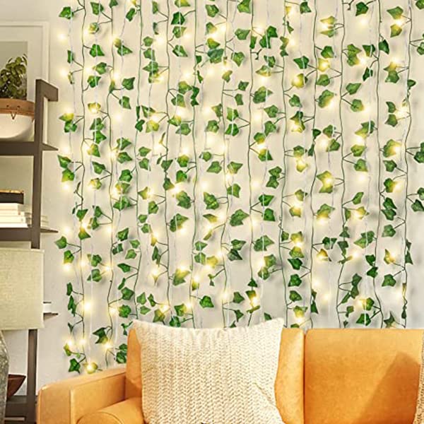66 LED Ivy Leaf Curtain String Lights Battery Operated Warm White U50082