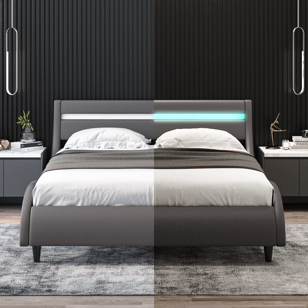 White Full Size Wooden Platform Bed Frame with Adjustable Upholstered Headboard X394