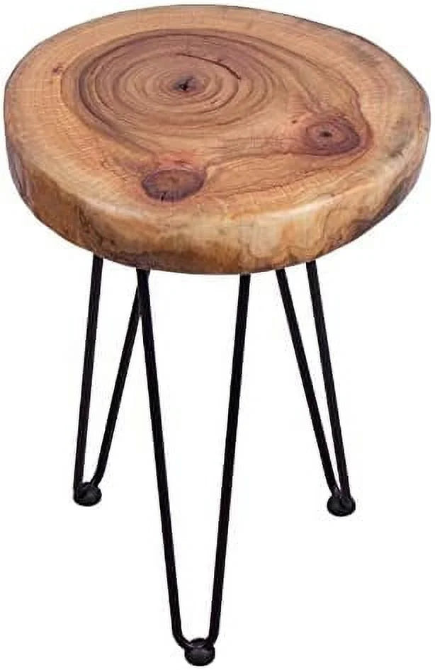 Rustic Old Elm Wood Round Accent Table with 3-Leg Metal Stand B9034