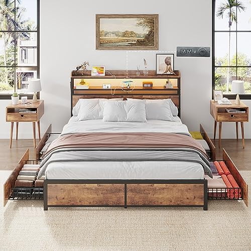 Queen Metal Platform Bed Frame with 4 Drawers and 2-Tier Headboard O540860