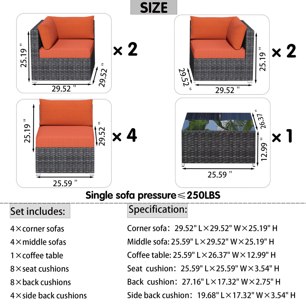 9 Piece All Weather Wicker Patio Sectional Sofa Set with Coffee Table F730873