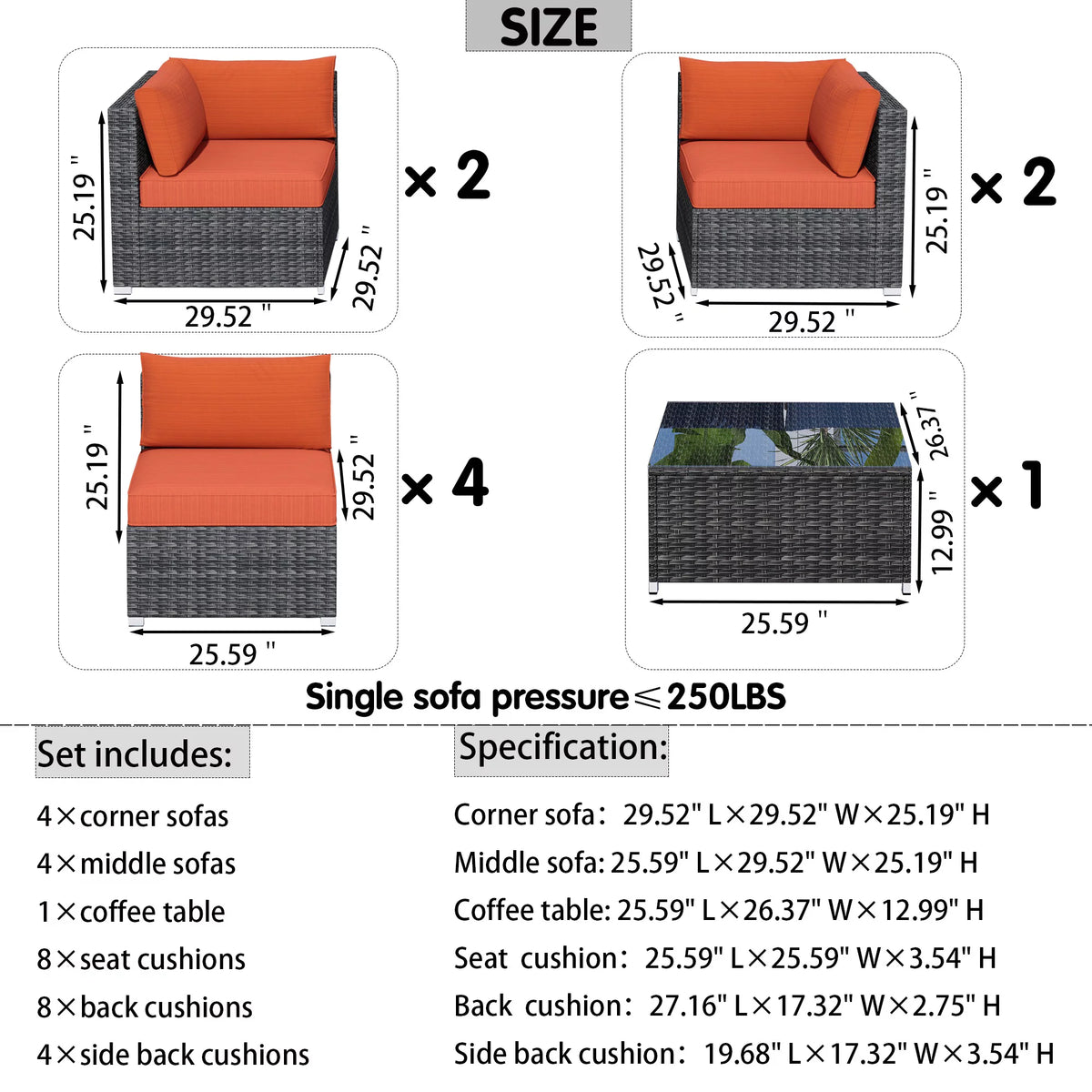 9 Piece All Weather Wicker Patio Sectional Sofa Set with Coffee Table F730873