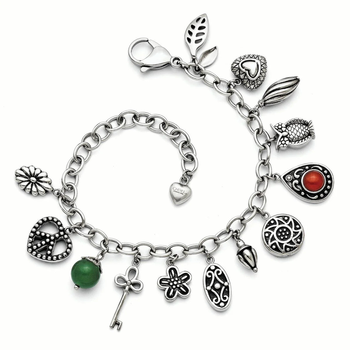 Stainless Steel Synthetic Jade & Red Glass Charm Bracelet U104208