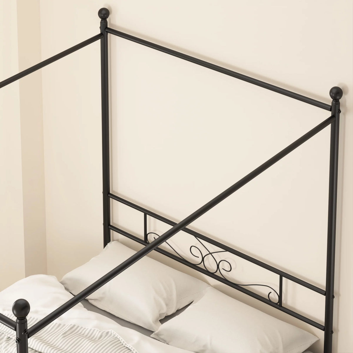 Twin Size 4-Post Canopy Bed Frame Metal Platform with Headboard Footboard Black M66327
