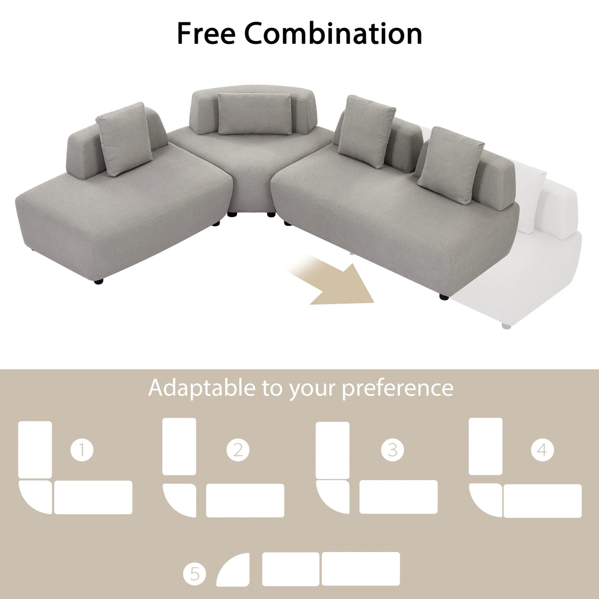 92.51" 3-Piece Grey Sectional Sofa with Removable Pillows H170