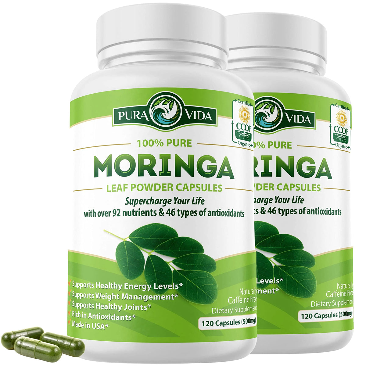Organic Moringa 500mg Capsules 120ct Pack of 2 X863