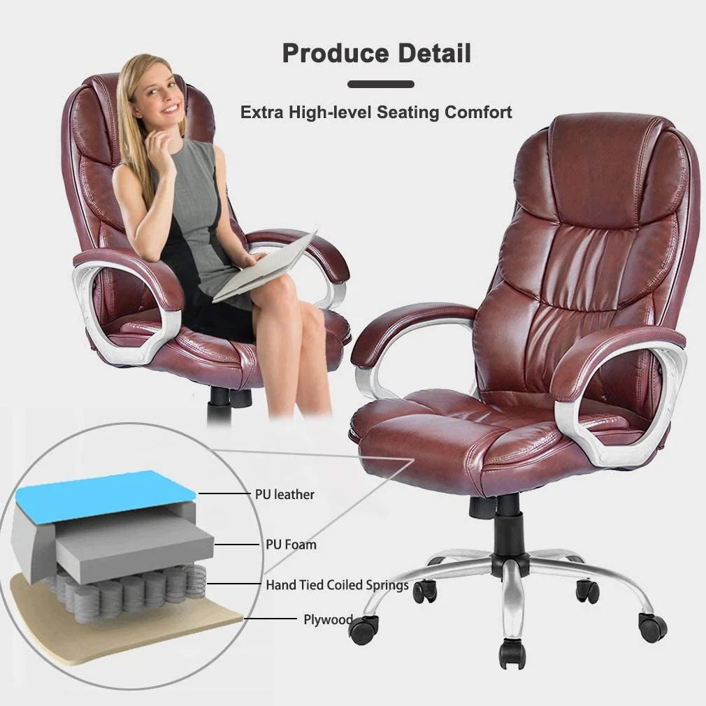 Brown Leather Ergonomic Office Chair with Headrest L11501