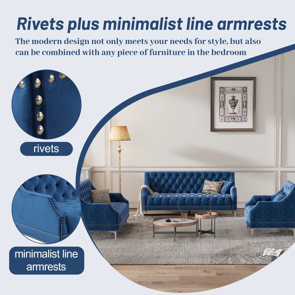 Blue Tufted Plush Upholstered Sofa with Metal Legs P637750