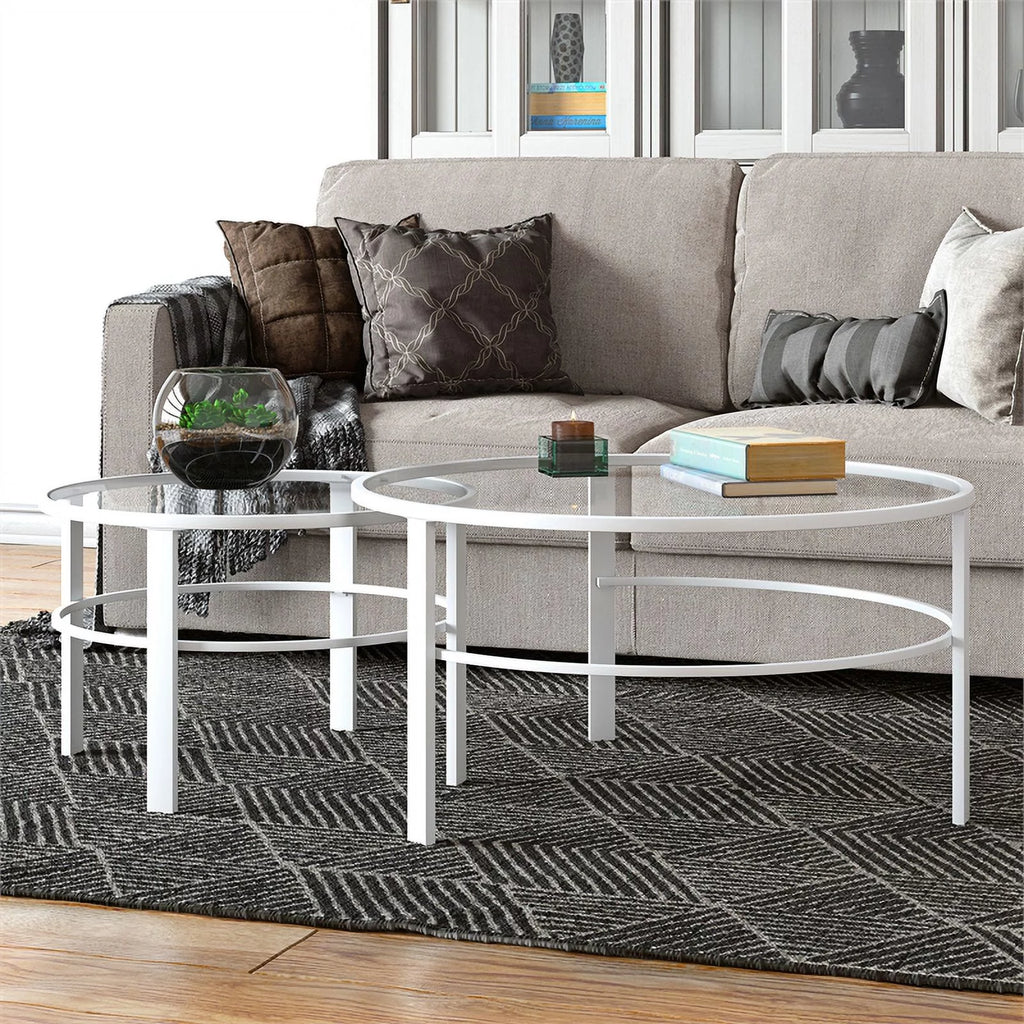 2 Piece Nested Metal & Glass Coffee Table in White H3759