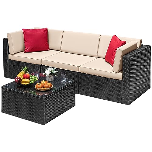 6 Piece Rattan Wicker Patio Sofa Set with Glass Table and Cushion U6066