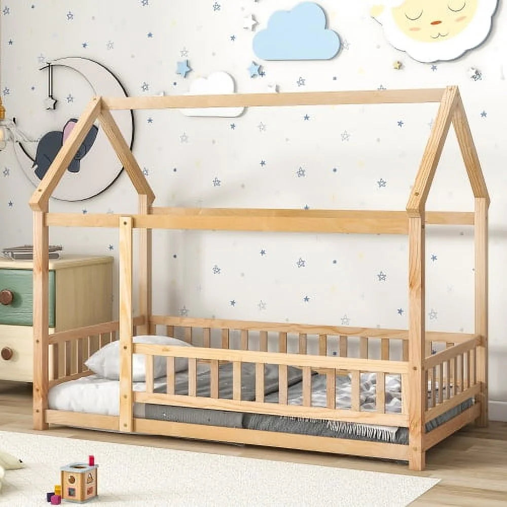 Twin Size Wooden Floor Bed with House Roof Frame O93869