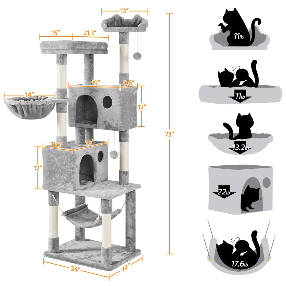 Light Gray Multilevel Cat Tree with 2 Condos H950