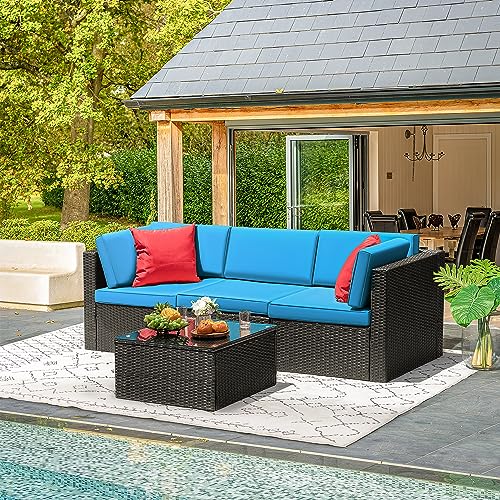 6 Piece Rattan Wicker Patio Sofa Set with Glass Table and Cushion U6066