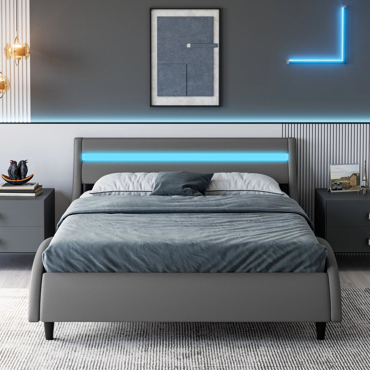 White Full Size Wooden Platform Bed Frame with Adjustable Upholstered Headboard X394